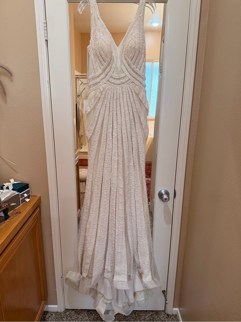Elegant Beaded V-Neck Women’s Dress - Cream